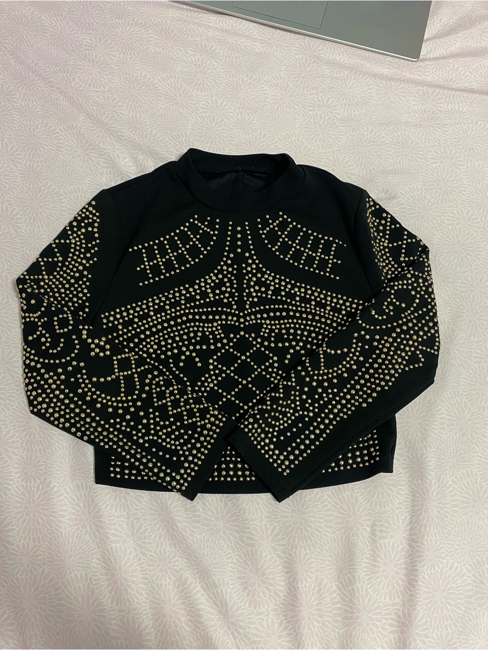 Black Studded Long-Sleeve Crop Top